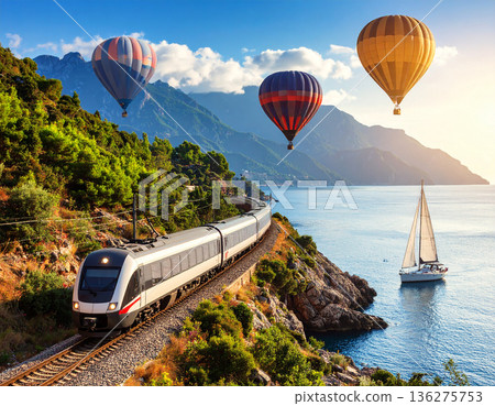 Scenic travel with hot air balloon, train, and sailboat. Summer scenery of beautiful lake. AI Generated. 136275753