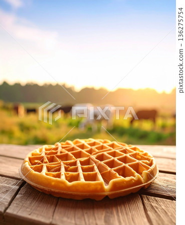 Golden Crispy Waffle on Wooden Table with Blurred Countryside Farm Background. AI Generated. 136275754