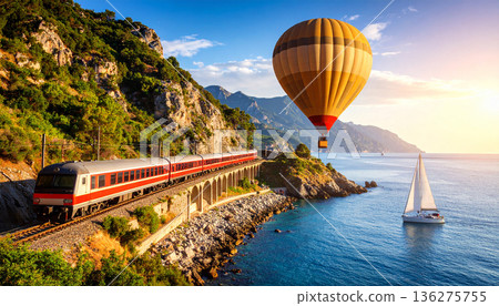 Scenic travel with hot air balloon, train, and sailboat. Summer scenery of beautiful lake. AI Generated. 136275755