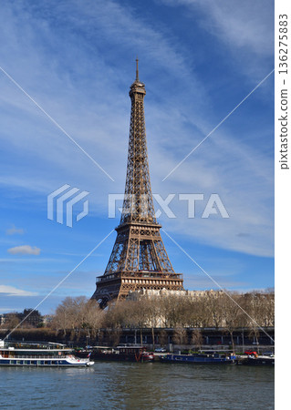 A clear day in Paris, with the Eiffel Tower and the Seine River (photographed on February 4, 2026) 136275883