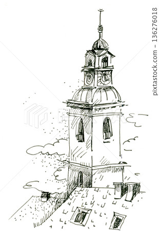 Ink Illustration of a Church Bell Tower Ink Illustration of a Church Bell Tower 136276018