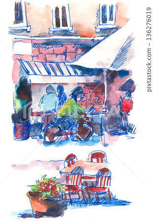Watercolor Illustration of Outdoor Cafe Scene 136276019