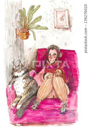 Woman and Cat Relaxing on Sofa Woman and Cat Relaxing on Sofa 136276020