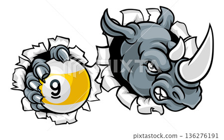Rhino and 9 Ball Nine Ball Pool Cartoon Mascot Rhino and 9 Ball Nine Ball Pool Cartoon Mascot 136276191