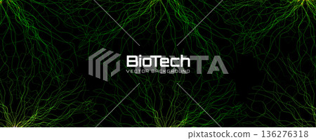 Biotech network structure green glow on black wireframe lines net, medical biology tech background. Neural roots for web header, bio med lab banner, startup conference screen. Vector illustration Biotech network structure green glow on black wireframe lines net, medical biology tech background. Neural roots for web header, bio med lab banner, startup conference screen. Vector illustration 136276318