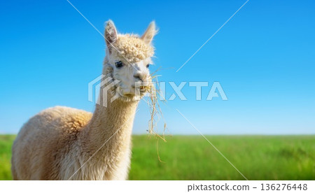 藍天下，羊駝正在吃草 136276448
