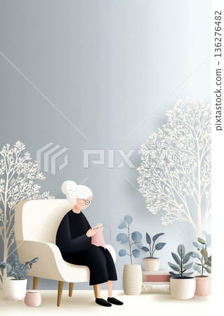 美羽系列：一位老年婦女在家中享受編織樂趣的日常平鋪插畫 136276482