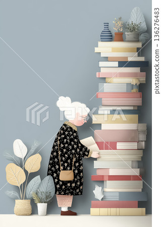 美由系列：一位老婦人整理書籍的每日插畫 136276483