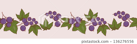 Branches Blackcurrant Seamless Border. Summer Berries with Leaves on Light Background. Botanical horizontal template Ornament. Vector illustration 136276556