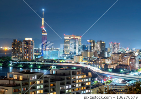 Fukuoka tower and light trail on express way at night from Atago shrine 136276579
