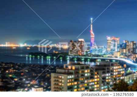 Defocused image of Fukuoka tower and Hakata bay at night 136276580