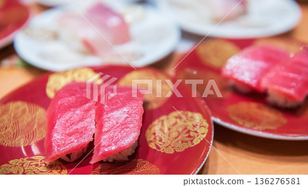Nigiri or tuna sushi on plate in Japanese restaurant, Fukuoka 136276581