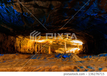 St. Beatus Caves with stalactites and stalagmites below Beatenberg near Interlaken in Bern canton in Switzerland 136276715