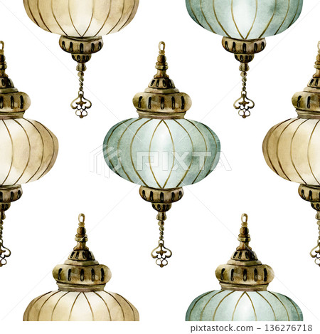 Hanging Lantern Seamless Pattern. Arabic style golden lamp Watercolor hand painted isolated illustration on white background for Ramadan design Muslim holiday Eid Mubarak Al Fitr Adha wrapping paper 136276718