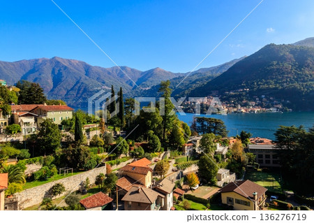 Panoramic view of Moltrasio town on Lake Como in Italy 136276719