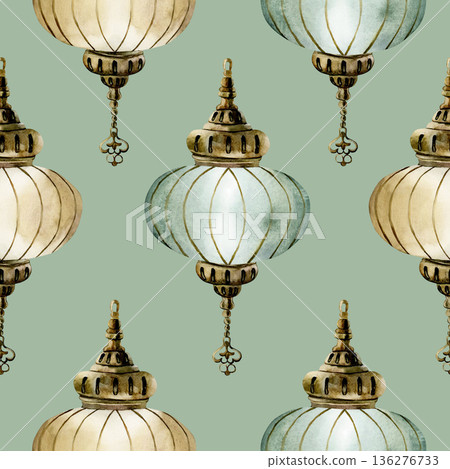 Hanging Lantern Seamless Pattern. Arabic style golden lamp Watercolor hand painted isolated illustration on turquoise background Ramadan design Muslim holiday Eid Mubarak Al Fitr Adha wrapping paper 136276733