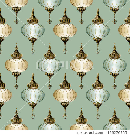 Hanging Lantern Seamless Pattern. Arabic style golden lamp Watercolor hand painted isolated illustration on turquoise background Ramadan design Muslim holiday Eid Mubarak Al Fitr Adha wrapping paper Hanging Lantern Seamless Pattern. Arabic style golden lamp Watercolor hand painted isolated illustration on turquoise background Ramadan design Muslim holiday Eid Mubarak Al Fitr Adha wrapping paper 136276735