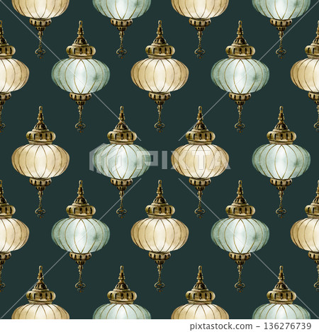 Hanging Lantern Seamless Pattern. Arabic style golden lamp Watercolor hand painted isolated illustration on dark green background Ramadan design Muslim holiday Eid Mubarak Al Fitr Adha wrapping paper 136276739