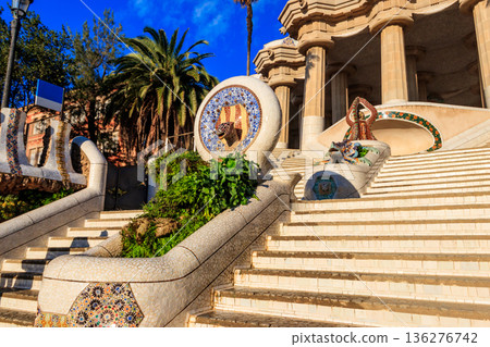 Entrance of Park Guell designed by Antoni Gaudi in Barcelona, Spain Entrance of Park Guell designed by Antoni Gaudi in Barcelona, Spain 136276742