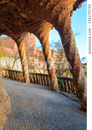 Columns designed by Antoni Gaudi in park Guell in Barcelona, Spain Columns designed by Antoni Gaudi in park Guell in Barcelona, Spain 136276744