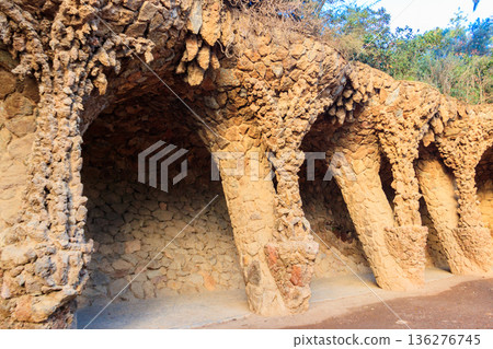 Columns designed by Antoni Gaudi in park Guell in Barcelona, Spain Columns designed by Antoni Gaudi in park Guell in Barcelona, Spain 136276745