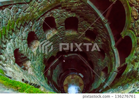 Initiation Well (Inverted tower) at park of Quinta da Regaleira palace in Sintra, Portugal 136276761