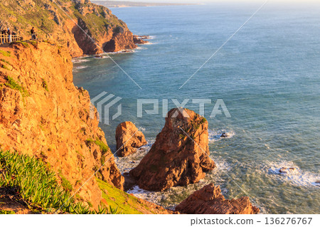 View of the Atlantic Ocean from Cabo da Roca. Cabo da Roca or Cape Roca is westernmost cape of mainland Portugal, continental Europe and the Eurasian land mass 136276767