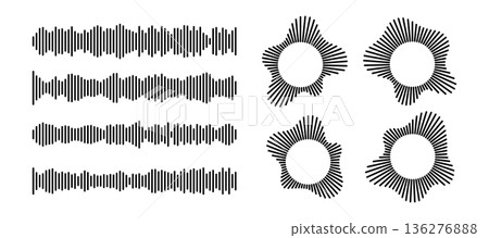 Audio waveform set with radial burst patterns and horizontal frequency lines. Monochrome podcast icons - geometric equalizer bars, abstract ripple shapes and voice recording graphic elements Audio waveform set with radial burst patterns and horizontal frequency lines. Monochrome podcast icons - geometric equalizer bars, abstract ripple shapes and voice recording graphic elements 136276888