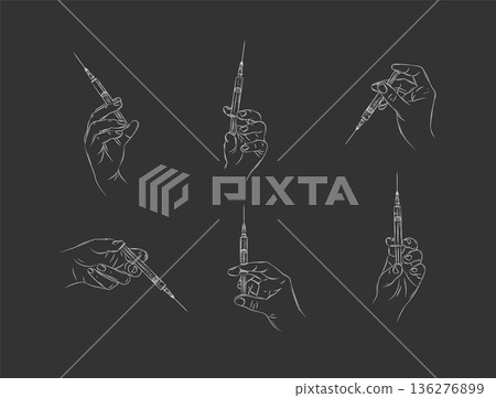 Hand holding a syringe illustrations black Hand holding a syringe illustrations black 136276899