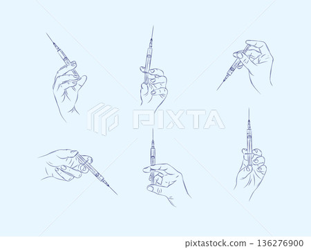 Hand holding a syringe illustrations blue Hand holding a syringe illustrations blue 136276900