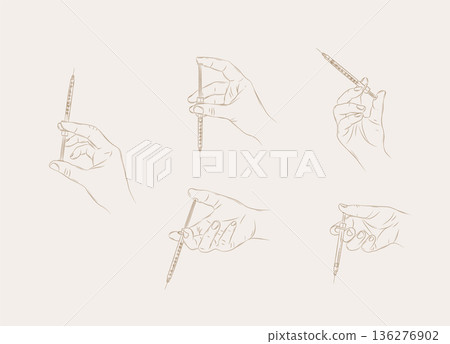 Hand holding a syringe variety positions illustration beige Hand holding a syringe variety positions illustration beige 136276902