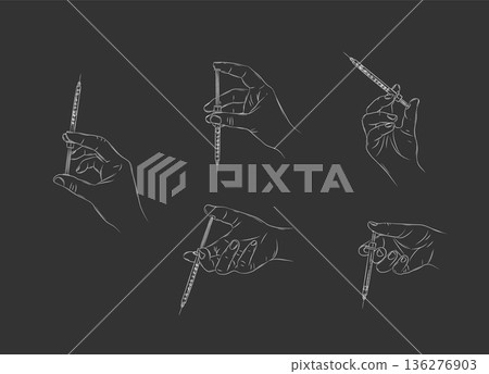Hand holding a syringe variety positions illustration black Hand holding a syringe variety positions illustration black 136276903
