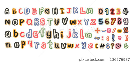Vintage ransom note alphabet set with cutout letters numbers and symbols hand drawn vector illustration for punk grunge zine and anonymous poster design Vintage ransom note alphabet set with cutout letters numbers and symbols hand drawn vector illustration for punk grunge zine and anonymous poster design 136276987
