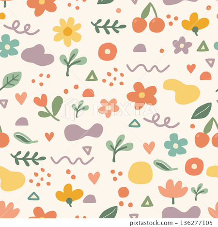Doodle flowers, cherries, and leaves in a colorful surface design for fabric prints, gift wrap, and stationery packaging. 136277105