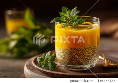 Refreshing mango chia pudding served in a clear glass, garnished with fresh mint leaves, showcasing vibrant colors and textures, perfect for healthy dessert ideas and summer treats 136277122