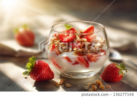 Fresh strawberries layered with creamy yogurt and crunchy granola in a glass bowl, beautifully arranged on a wooden table, showcasing a healthy breakfast concept with natural light 136277148