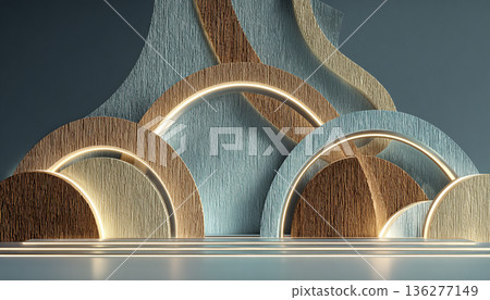 奢華幾何拱形抽象展示背景，飾以重疊的木質和金屬裝飾 136277149