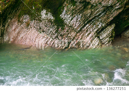 Mountain river with clear water and rocks in the mountains. 136277251