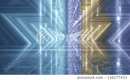 An abstract background of a futuristic technology space where geometric neon lines spreading to the left and right and a mirrored floor create depth. An abstract background of a futuristic technology space where geometric neon lines spreading to the left and right and a mirrored floor create depth. 136277433
