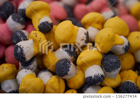 Homemade mushroom-shaped cookies in the handicraft market 136277434