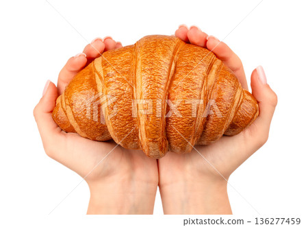 Fresh croissant held in two hands isolated on white background 136277459