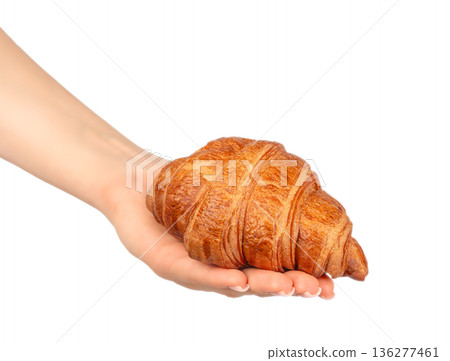 Fresh croissant on female hand isolated on white background 136277461