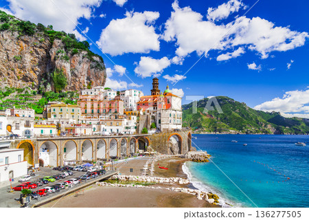 Atrani, Italy. Village on Amalfi Coast, colorful houses, Mediterranean Sea Atrani, Italy. Village on Amalfi Coast, colorful houses, Mediterranean Sea 136277505