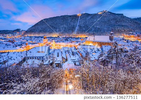Brasov, Romania. Snowy evening view of the Christmas Market 136277511