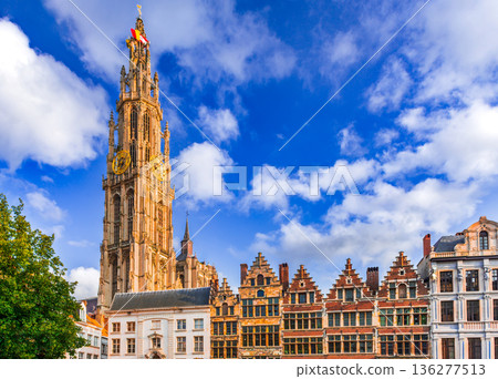 Antwerp, Belgium. Grote Markt medieval guild houses and Cathedral of Anvers in Flanders 136277513