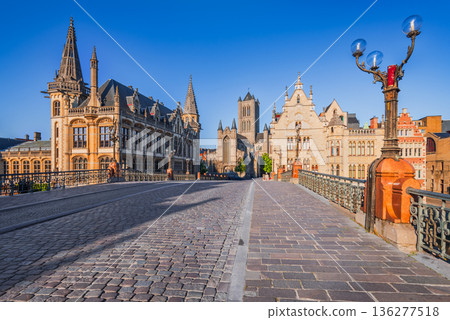 Gent, Belgium, Saint Michael Bridge, River Leie, historical Flanders. Gent, Belgium, Saint Michael Bridge, River Leie, historical Flanders. 136277518