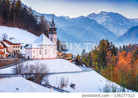 Berchtesgaden, Germany. Maria Gern church, winter frozen landscape with Watzmann Mountain in Alps, Bavaria. 136277522