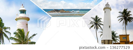 Panoramic collage of tropical lighthouses and rocky ocean coast Panoramic collage of tropical lighthouses and rocky ocean coast 136277529