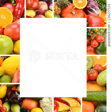 Square frame collage of various fresh fruits and vegetables Square frame collage of various fresh fruits and vegetables 136277532