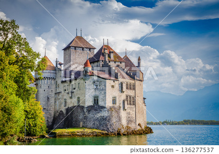 Chateau de Chillon, Switzerland. Chillon Castle, rock on the banks of Lake Geneva Chateau de Chillon, Switzerland. Chillon Castle, rock on the banks of Lake Geneva 136277537